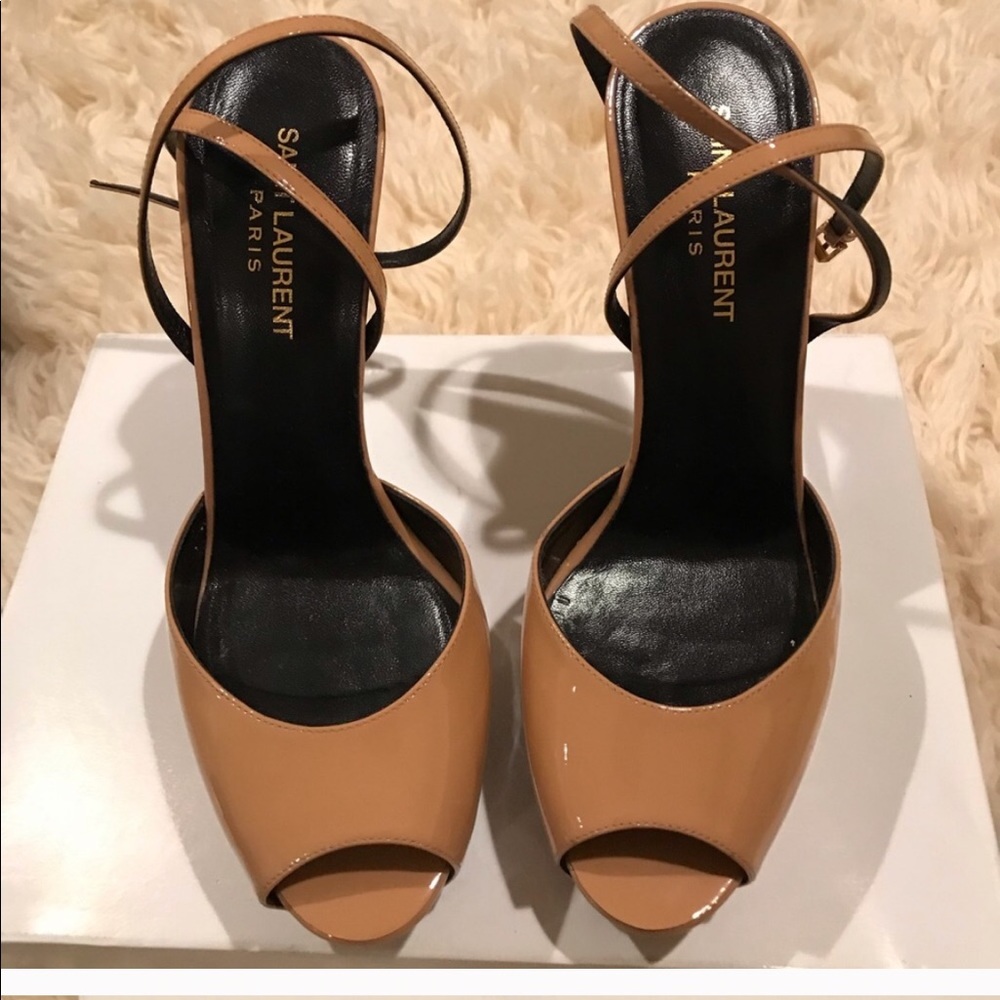 Saint Laurent YSL Nude Camel Tan heel sandals